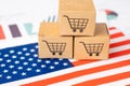 Box with shopping cart logo and USA United State America flag, Import Export Shopping online or eCommerce finance delivery service Royalty Free Stock Photo