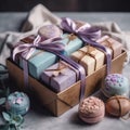 A box of soaps and macarons on a table. Generative AI image.