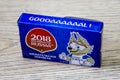 Box with souvenir sweets for the world Cup in Russia in 2008 on wood background.