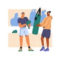 Box sportsman in boxing gloves training with punching bag. Professional sport trainer helps, supports boxer. Friends do