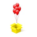 Box with surprise. Balloons flying from open yellow box. vector illustration