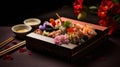 A box of sushi with chopsticks and flowers, AI