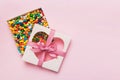 Box with sweet chocolate candies on color background, Various candy sweets. Valentines day gift box. Top view flat lay Royalty Free Stock Photo