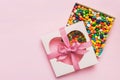 Box with sweet chocolate candies on color background, Various candy sweets. Valentines day gift box. Top view flat lay Royalty Free Stock Photo