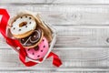 A box of sweet donuts, a gift for the dear, a top view