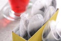 Box with tea bags on table, closeup Royalty Free Stock Photo