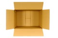 Box, top view open plain brown blank empty cardboard box isolated on white