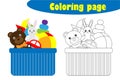 Box with toys in cartoon style, coloring page, education paper game for the development of children, kids preschool activity,