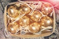 Box, tray with traditional painted golden egg, banking, easter Royalty Free Stock Photo