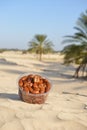 Box of Tunisian dates on desert sand with palm trees in background Royalty Free Stock Photo