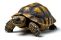 Box turtle with brown and yellow shell is sitting on white surface. Generative AI Royalty Free Stock Photo