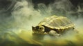 The box turtle, a symbol of patience and longevity, amid swirling yellow smoke