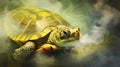 The box turtle, a symbol of patience and longevity, amid swirling yellow smoke