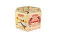 Box with Tuscan biscuits called Cantuccini of Sapori brand on a white background