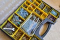 A box with variety of nails, screws, nuts, bolts and washers. Royalty Free Stock Photo