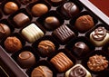 Box of various chocolate candies and truffels in confectionery.Macro.AI Generative Royalty Free Stock Photo