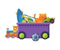 Box with Various Colorful Toys, Plastic Container with Cat on Wheels, Truck, Train, Ball, Scateboard Flat Vector