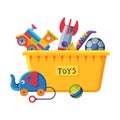 Box with Various Colorful Toys, Plastic Container with Elephant on Wheels, Rocket, Ball, Saxophone Flat Vector Royalty Free Stock Photo