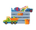 Box with Various Colorful Toys, Plastic Container with Elephant on Wheels, Truck, Helicopter Flat Vector Illustration Royalty Free Stock Photo
