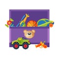 Box with Various Colorful Toys, Plastic Container with Helicopter, Ball, Car, Gun Flat Vector Illustration Royalty Free Stock Photo