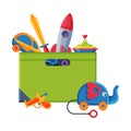 Box with Various Colorful Toys, Plastic Container with Rocket, Sword, Whirligig, Car, Gun Flat Vector Illustration Royalty Free Stock Photo