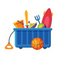 Box with Various Colorful Toys, Plastic Container with Scateboard, Ball, Sword, Whirligig, Ball Flat Vector Illustration