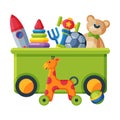 Box with Various Colorful Toys, Plastic Container with Scateboard, Giraffe, Pyramid, Ball, Giraffe on Wheels, Rocket Royalty Free Stock Photo