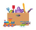 Box with Various Colorful Toys, Plastic Container with Train, Helicopter, Teddy Bear, Saxophone, Sword Flat Vector Royalty Free Stock Photo