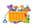 Box with Various Colorful Toys, Plastic Container with Train, Teddy Bear, Saxophone, Bucket and Rake Flat Vector Royalty Free Stock Photo