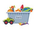 Box with Various Colorful Toys, Plastic Container with Truck, Car, Saxophone, Rocket, Gun Flat Vector Illustration Royalty Free Stock Photo