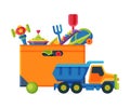 Box with Various Colorful Toys, Plastic Container with Truck, Car, Shovel, Ball, Whirligig Flat Vector Illustration