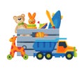 Box with Various Colorful Toys, Plastic Container with Truck, Teddy Bear, Scateboard, Pyramid, Giraffe on Wheels Flat