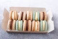 Box with various delicious french macarons. Set of different macaroons - chocolate, blue cheese and vanilla cream Royalty Free Stock Photo