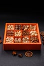 Box with various nuts cashew, macadamia, peanut, cedar, pecan, walnut, brazil, hazelnut Royalty Free Stock Photo