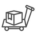 Box on warehouse trolley line icon, logistic concept, hand truck with box sign on white background, Delivery trolley