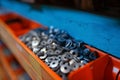 Box with washers in hardware store closeup view