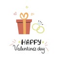 A box with wedding rings. Valentine`s day greeting card in Doodle style. Vector illustration on a white background