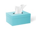 Box with white paper napkins. Realistic mockup of blue cardboard package with tissues isolated