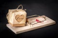 A box with the word love placed in a mousetrap. Love for a person with bad intentions Royalty Free Stock Photo