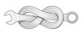 Box wrench bent into eight knot. Twisted spanner repair tool. Support service workshop sign. Isolated vector illustration with Royalty Free Stock Photo