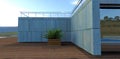 A box with a yellow-green bush on a wooden terrace of a newly built private house. Wall decoration square concrete panels.