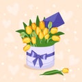 Box with yellow tulips and purple envelope for Valentine's Day, Women's Day, Mother's Day. A gift for a girl, mom Royalty Free Stock Photo