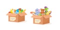 Boxed shelter donation. Full cardboard box of donations toy or food, relief grocery things for helping homeless hunger Royalty Free Stock Photo