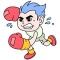 The boxer boy angrily launched a punch, doodle icon image kawaii