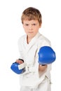 Boxer boy in white and blue boxing gloves fighting Royalty Free Stock Photo