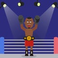 Boxer with Champion belt celebrating flawless victory. Boxer in red shorts with black gloves. illustration