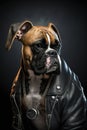 Boxer dog in black leather jacket listens music, portrait of animal, generative AI