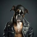 Boxer dog in black leather jacket, portrait of animal like dj or rocker, generative AI