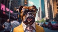 A Boxer Dog, canine, wearing a suit & sunglasses on a city street. Royalty Free Stock Photo