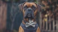 Boxer dog in a dapper bow tie and vest waiting patiently